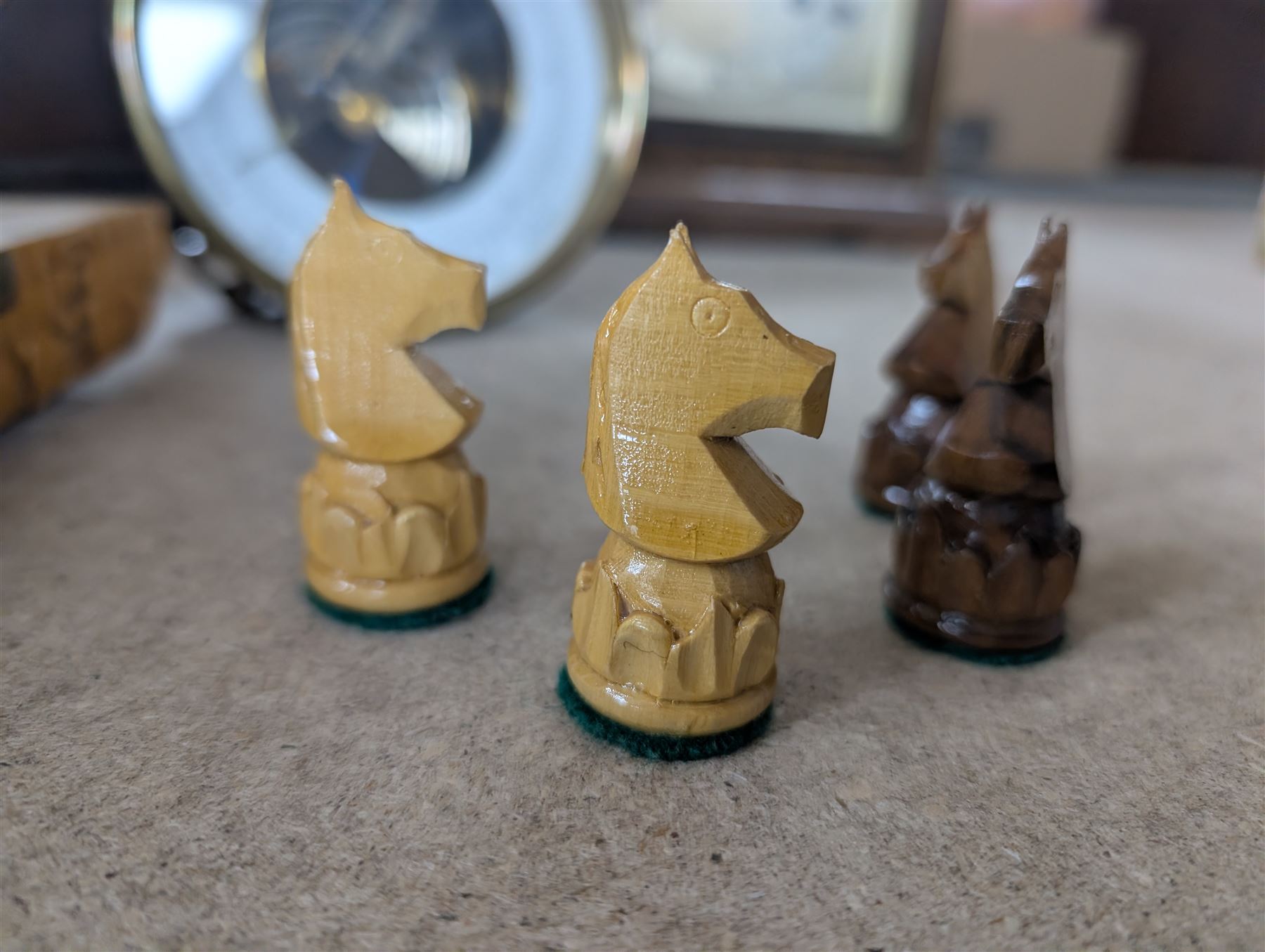 Collection of metalware, including brass weights, fireside tools, sauce boat, etc, together with a chess set, records, two studio pottery lamps etc