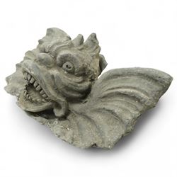 19th century cast lead fountain head with spout in the form of a grotesque fish, the mouth agape with rows of teeth, flanked by protruding fins 