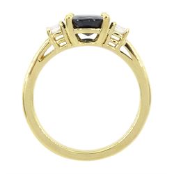 18ct gold sapphire and diamond three stone ring, single oval sapphire of approx 2.20 carat, with a single round brilliant cut diamond set either side, hallmarked, total diamond weight approx 0.25 carat
