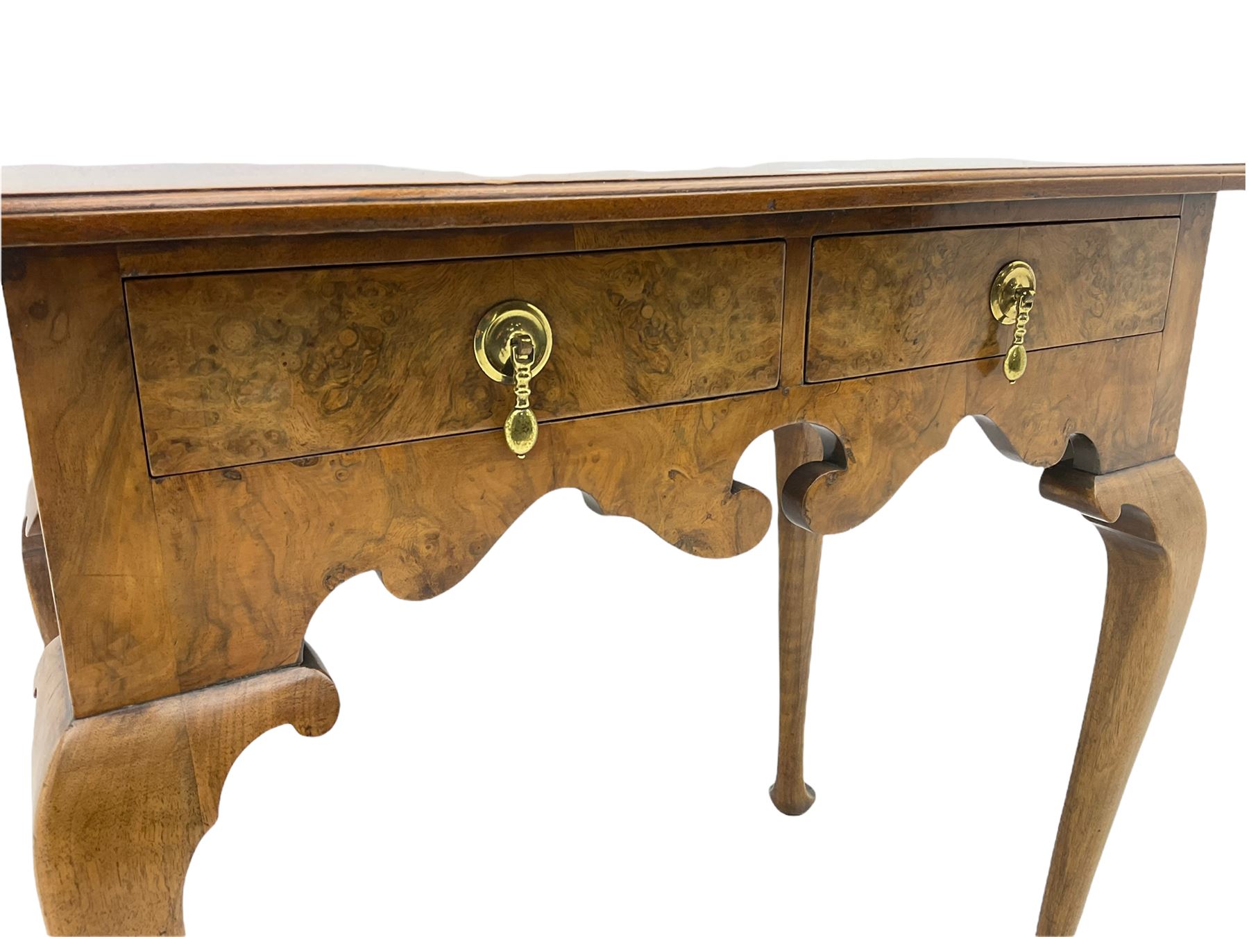 Queen Anne style figured walnut lowboy, moulded rectangular top with band,  over shaped apron fitted with two drawers, on cabriole supports