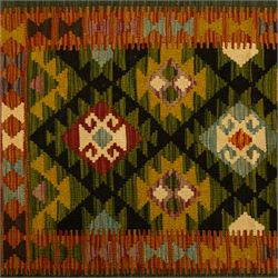 Chobi flatweave kilim runner with a repeating stepped diamond medallion design in live green, rust, teal, purple, and ivory, framed by chevron and geometric borders