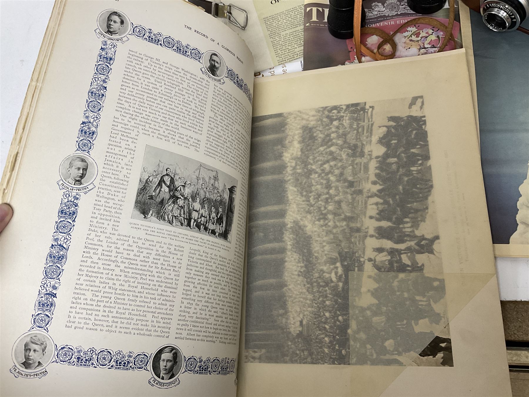 Pair of Zenith 8x40 Field binoculars together with Agfa camera with Silette lens, both in cases, and quantity of commemorative newspaper ephemera to include The Illustrated London News Record of the Glorious Reign of Queen Victoria