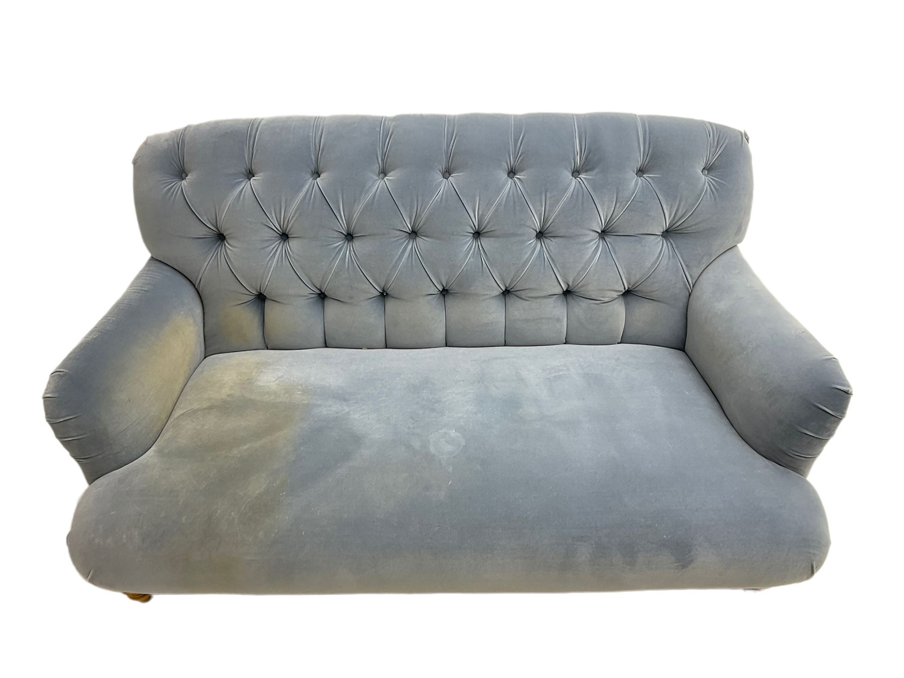 Tetrad - two seat sofa upholstered in baby blue buttoned fabric, on turned light beech front feet