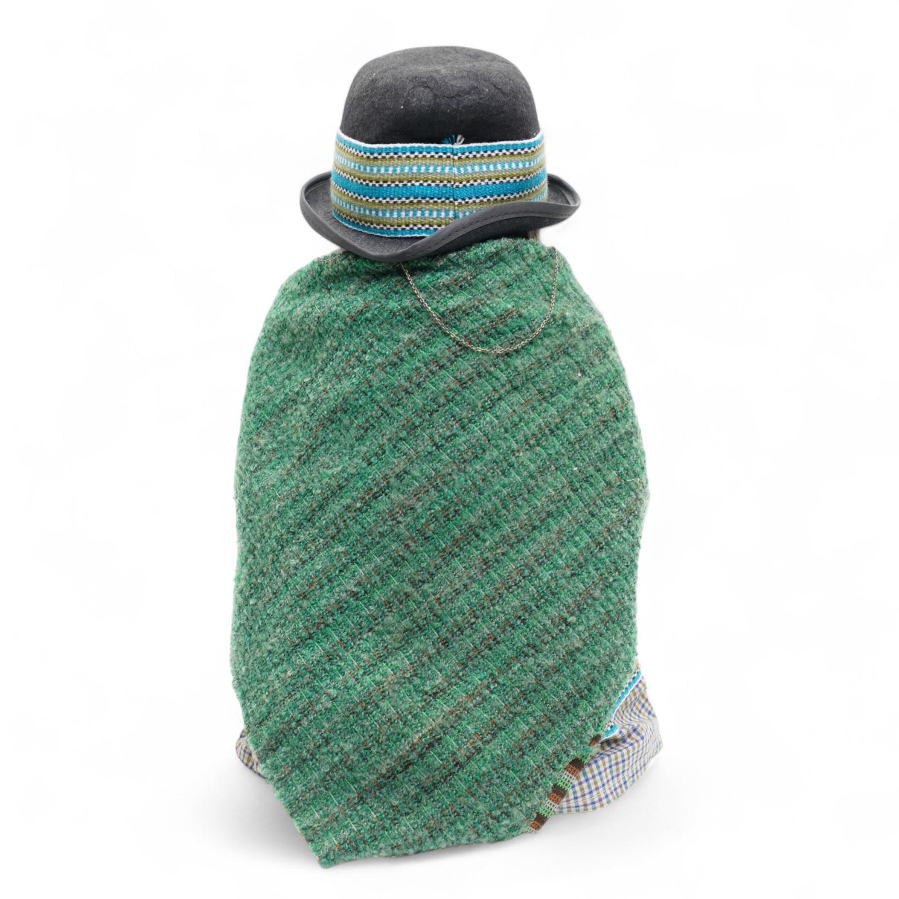 Gabrielle Designs Paddington Bear 'Aunt Lucy', 1978, dressed in green shawl, with hat and spectacles, tartan dress and luggage tag from the Peruvian Rugby FC Reserves Supporters Club, H50cm