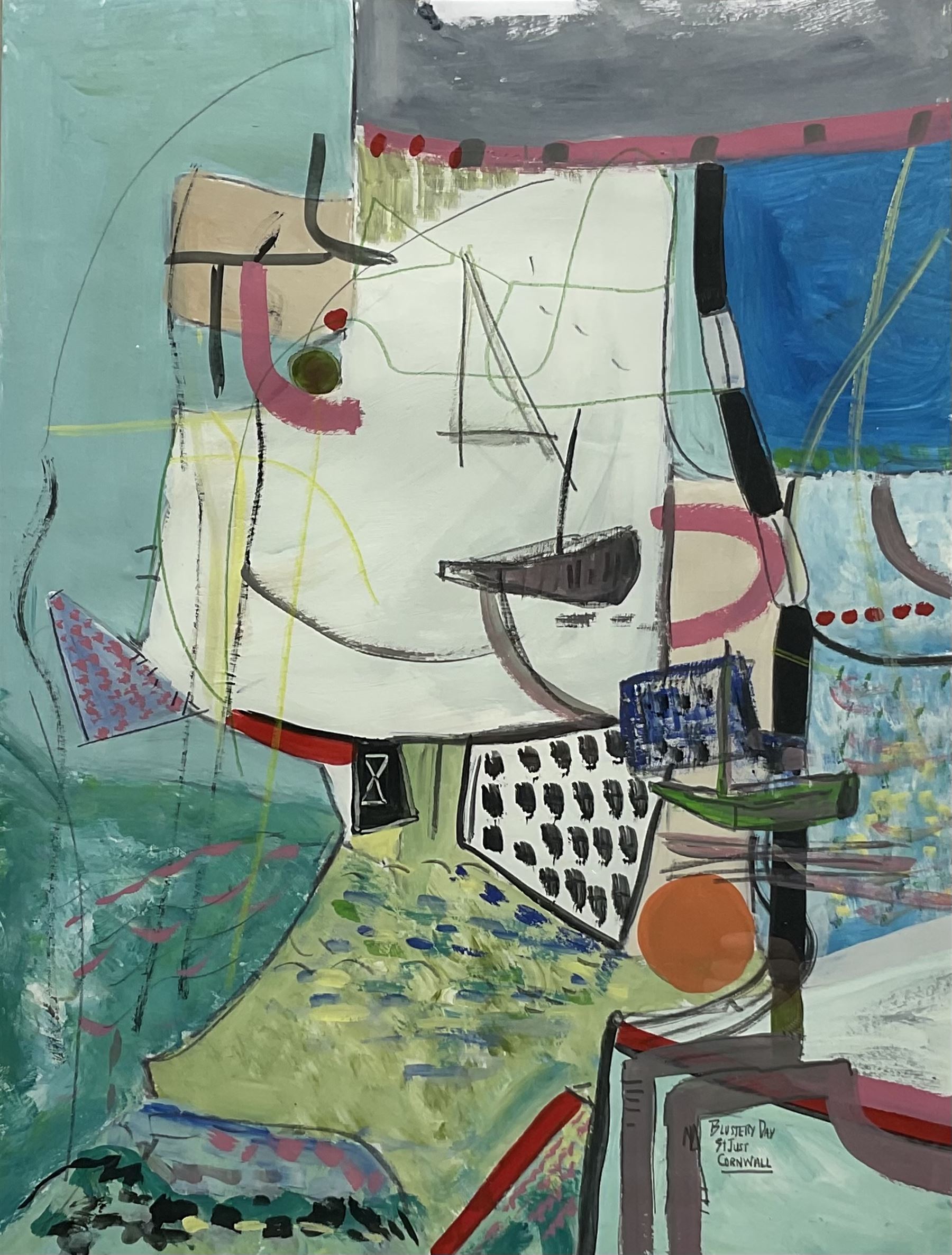 Martin Lanyon (British 1954-): 'Blustery Day St. Just Cornwall', gouache and pencil signed and titled 45cm x 34cm