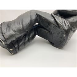 Large painted composite figure of Charlie Chaplin, seated upon wooden chair, H54cm