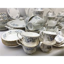 Extensive Richmond Blue Rock pattern part tea and dinner service, to include seven dinner plates, nine smaller plates, three lidded twin handled tureens, two teapots and two coffee pots, eleven bowls, cake stand, six twin handled soup bowls and saucers, six teacups, four coffee cups, milk jugs, sucrier, cake plate, salt and pepper shakers, other plates, dishes, bowls, side plates and many spares etc