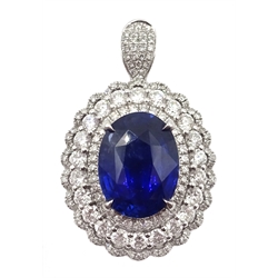  18ct white gold sapphire and diamond cluster ring/pendant, sliding shank with hidden pendant bail, stamped 18K sapphire 3.62 carat  