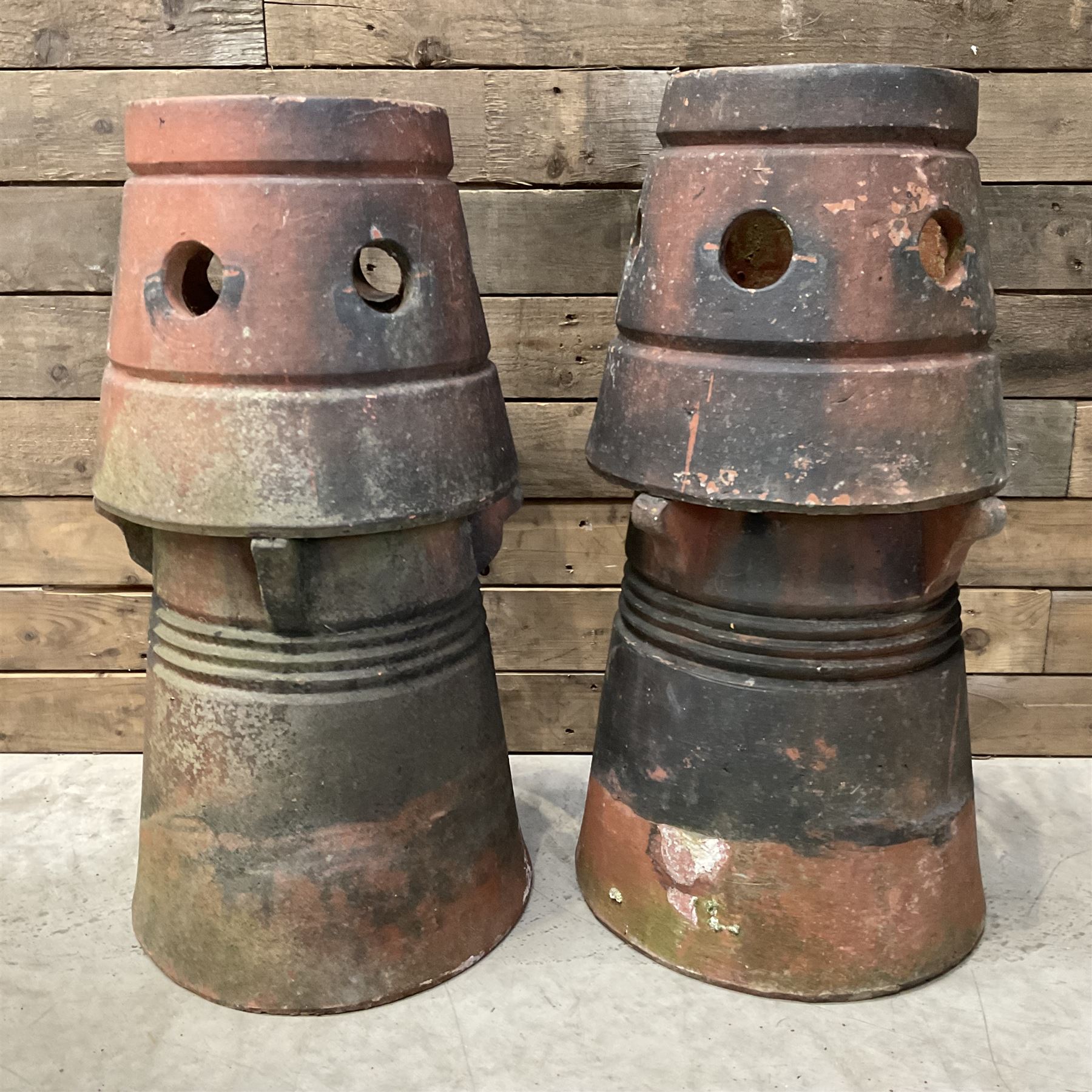 Pair of Victorian terracotta circular chimney pots