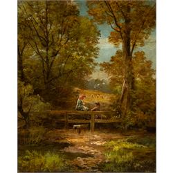 Manner of Joseph Paul Pettitt (British 1812-1882): Couple in a Country Landscape, oil on c...
