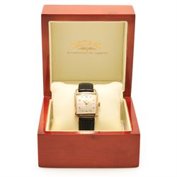 Rotary gentleman's 9ct gold manual wind wristwatch, square silvered dial with Arabic and dagger hour markers, London 1951, on black leather strap