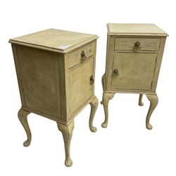 Pair of mid-20th century cream painted bedside cabinets, rectangular top over single drawer and cupboard, on cabriole supports