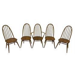 Ercol - set if five (4+1) elm and beech 'Windsor' dining chairs, high hoop and stick back, on tapering splayed supports united by H stretchers 