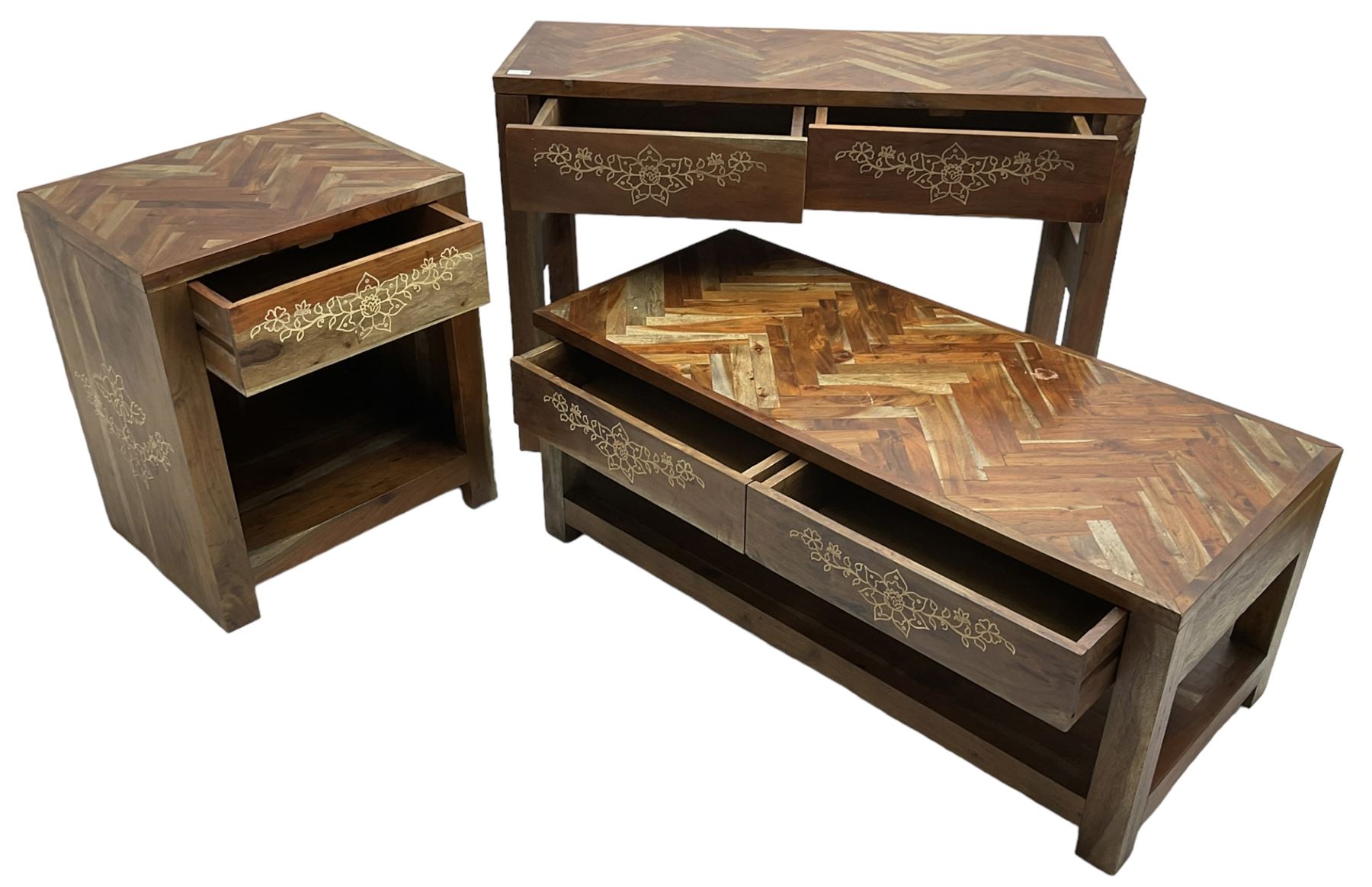 Joe Browns - hardwood lounge set; rectangular coffee table fitted with two drawers and under-tier (114cm x 50cm, H46cm); console table fitted with two drawers (W110cm, H76cm, D40cm); and a side table fitted with single drawer (W55cm, H66cm, D42cm)