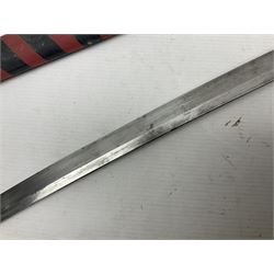 Good quality Japanese sword blade with later WWII fittings and scabbard  - 67.5cm slightly curving blade with unmarked tang, plain iron tsuba and lacquered grip with copper mounts; in lacquered wooden scabbard with tape bound tip L94cm overall