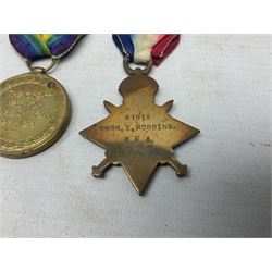 WW1 group of three medals comprising British War Medal, 1914-15 Star and Victory Medal awarded to 61813 Bmbr. E. Robbins R.F.A./R.A.; with ribbons