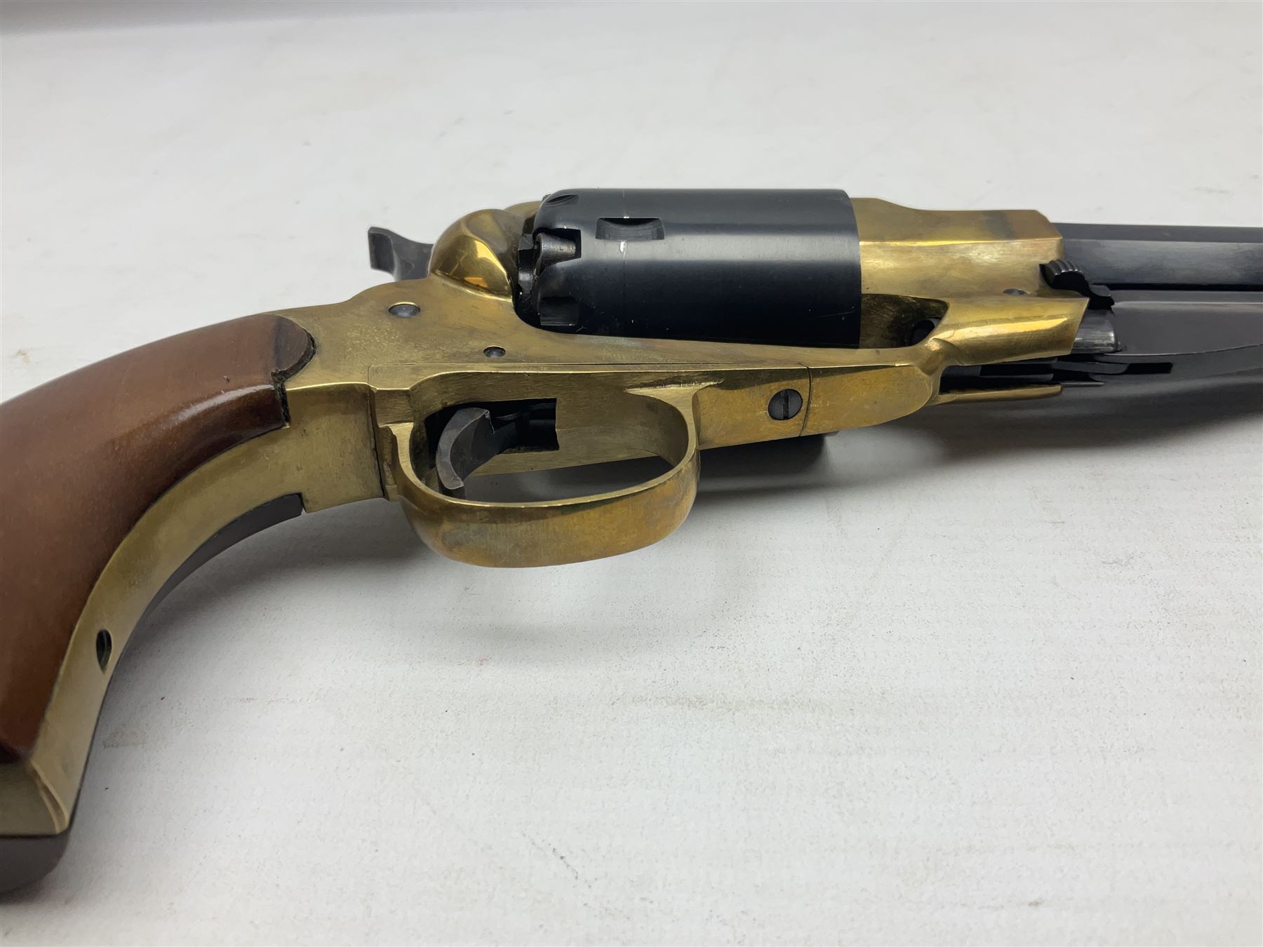 REGISTERED FIREARMS DEALER ONLY Modern Remington .44 calibre percussion brass framed army revolver, possibly by Uberti, with 16cm octagonal barrel, No.225; partially deactivated to old specification with no certificate L36cm overall - Disposed 25.06.25 - Notified 24.07.25