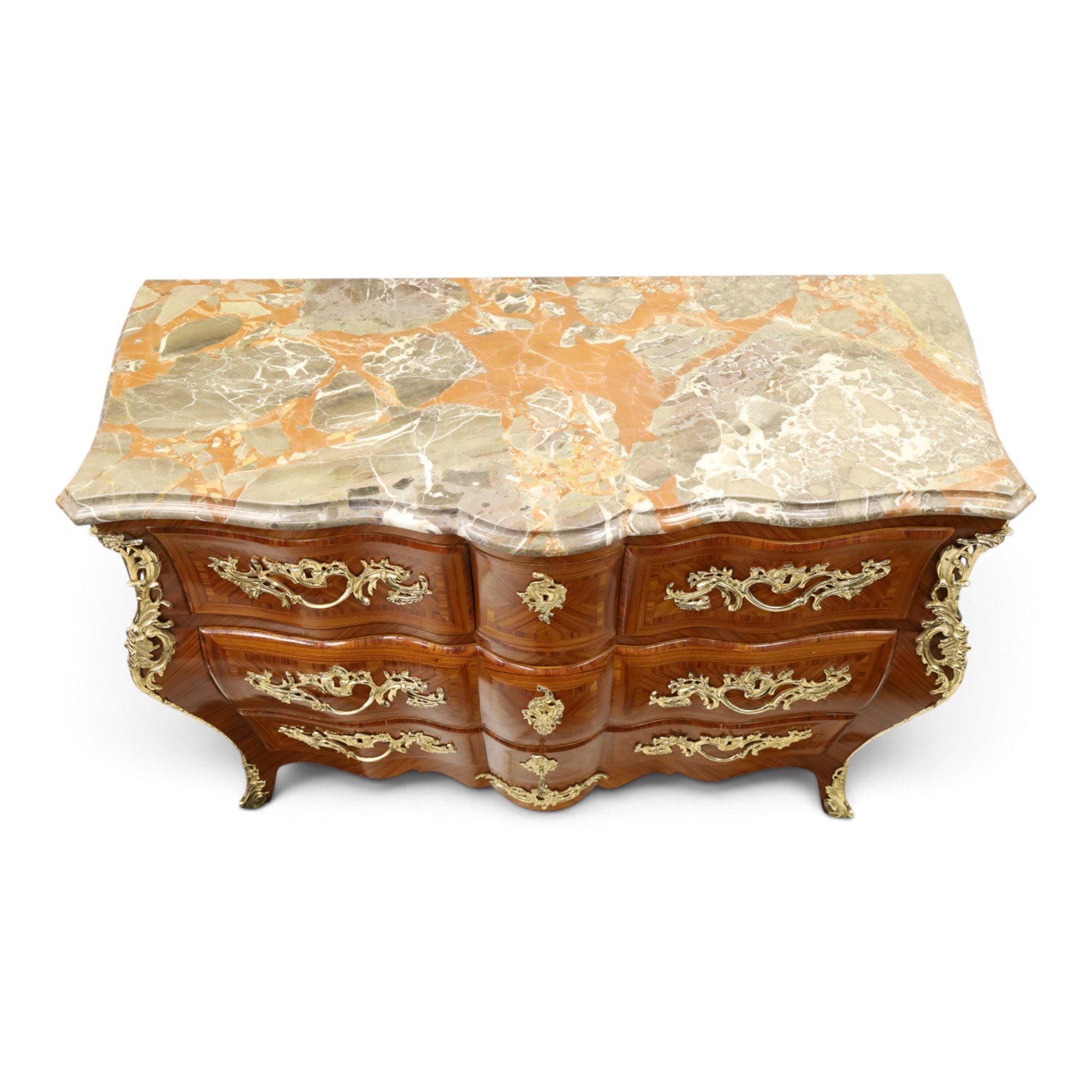 Colombo Mobili - Italian Louis XV design kingwood and marquetry bombé commode chest, the shaped marble top with moulded edge, fitted with an assortment of three shaped short drawers over two long, each with parquetry veneered facias and rocaille shaped gilt metal handles and escutcheons, flanked by gilt metal cartouche mounts with scroll and foliate detail, shaped apron on splayed bracket feet