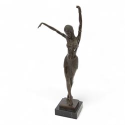 Art Deco style bronze figure of a female dancer after Demetre Chiparus, with signature to base, upon a black marble plinth, H49cm