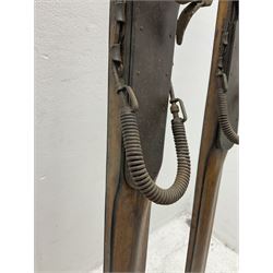 Pair of 1930s wooden skis, with painted metal runners beneath stamped Attenhofer, with retailers label for Ernst Gertsch Central Sports, L206cm