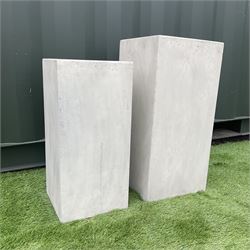 Graduating pair concrete effect square planters (largest - 34cm x 34cm, H71cm), and a tall garden urn planter with scrolled metalwork mount (H93cm) - THIS LOT IS TO BE COLLECTED BY APPOINTMENT FROM DUGGLEBY STORAGE, GREAT HILL, EASTFIELD, SCARBOROUGH, YO11 3TX