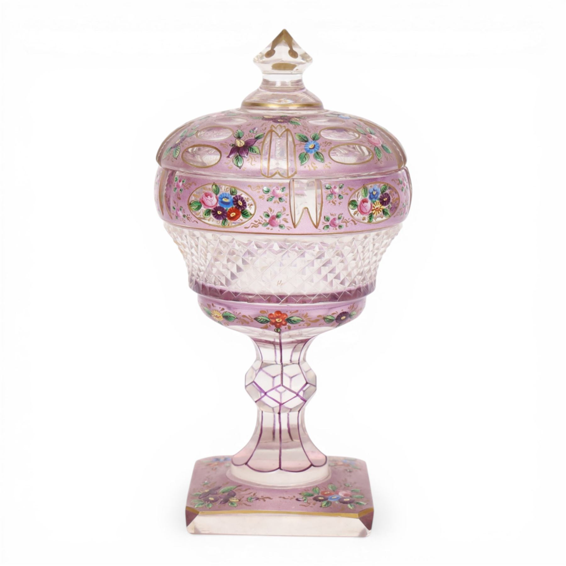 Victorian glass bon bon dish and cover, decorated with hand painted flowers and gilt detail, upon a knopped stem and square base, H22cm