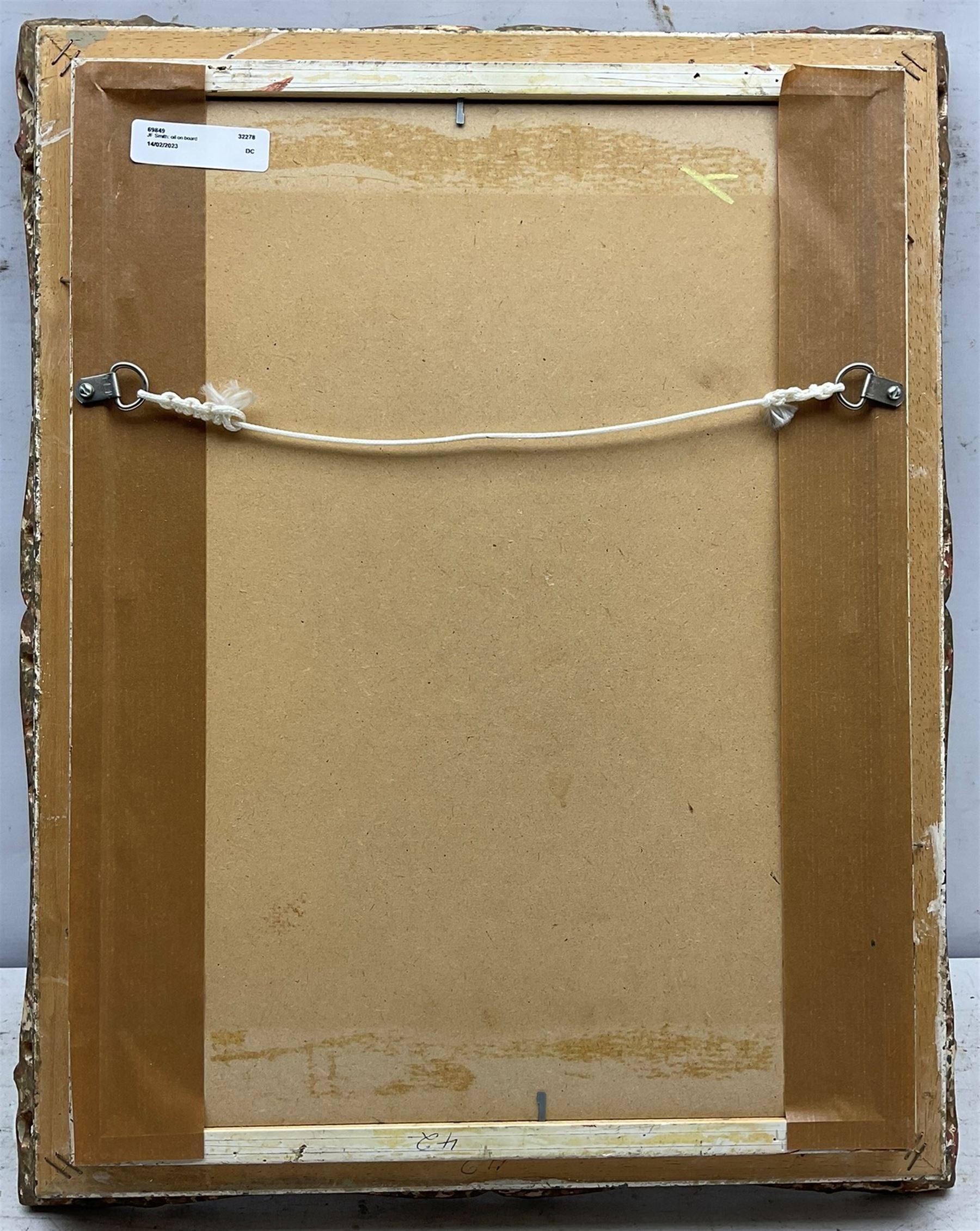 John F Smith (British 1934-): Still Life with Grapes and Peaches, oil on board signed 39cm x 29cm