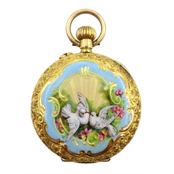  Swiss early 20th century ladies 18ct gold fob watch, the back case decorated with enamelled doves, stamped 18K with Helvetia  Notes: By direct decent from Sharpe family   