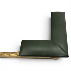Regency design brass and green leather club fender, padded cushion corners
