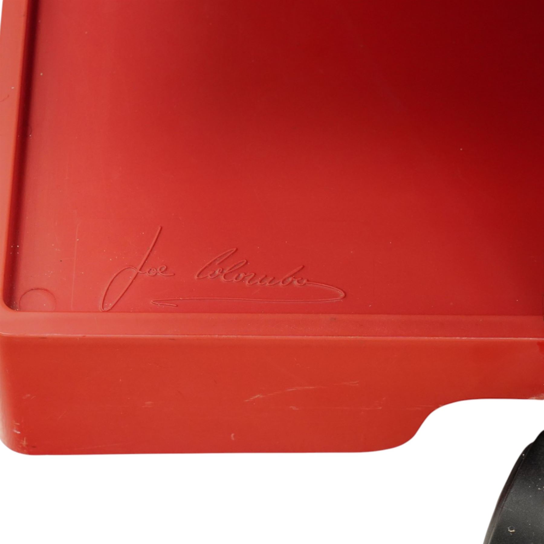 Joe Colombo (Italian 1930-1971) for Bieffeplast - 'Boby' red trolley circa 1970s, rectangular tray top above three pivoting drawers, open storage compartments raised on castors