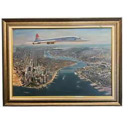 James Lishman (British 1931-2024): 'Farewell My Lovely' Panoramic View of New York, oil on board signed, titled verso 60cm x 87cm 