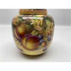 Mid/late 20th century Royal Worcester ginger jar and cover decorated by R Lewis, hand painted with a still life of fruit upon a mossy ground, signed R Lewis, with black printed mark beneath and painted shape number 2826, H17.5cm