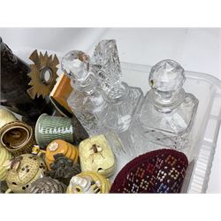 Three glass decanters with stoppers, ceramic honey pots, , carved woof plaques, other wood and metalware etc in two boxes