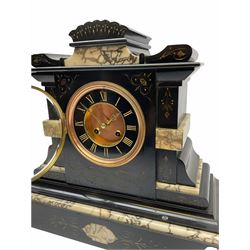 Late 19th century twin train French eight-day rack striking mantle clock with a recoil escapement striking the hours and half hours on a coiled gong, dial with a recessed gilt centre and black slate chapter ring with gilt incised Roman numerals, brass Fleur de Lis hands, cast brass bezel and bevelled glass, movement stamped “ japy freres”, Belgium slate case with incised decoration and applied panels of contrasting veined white marble on a rectangular stepped plinth, flat top with a shaped pediment and carved radiating crown. 
With pendulum and key 
