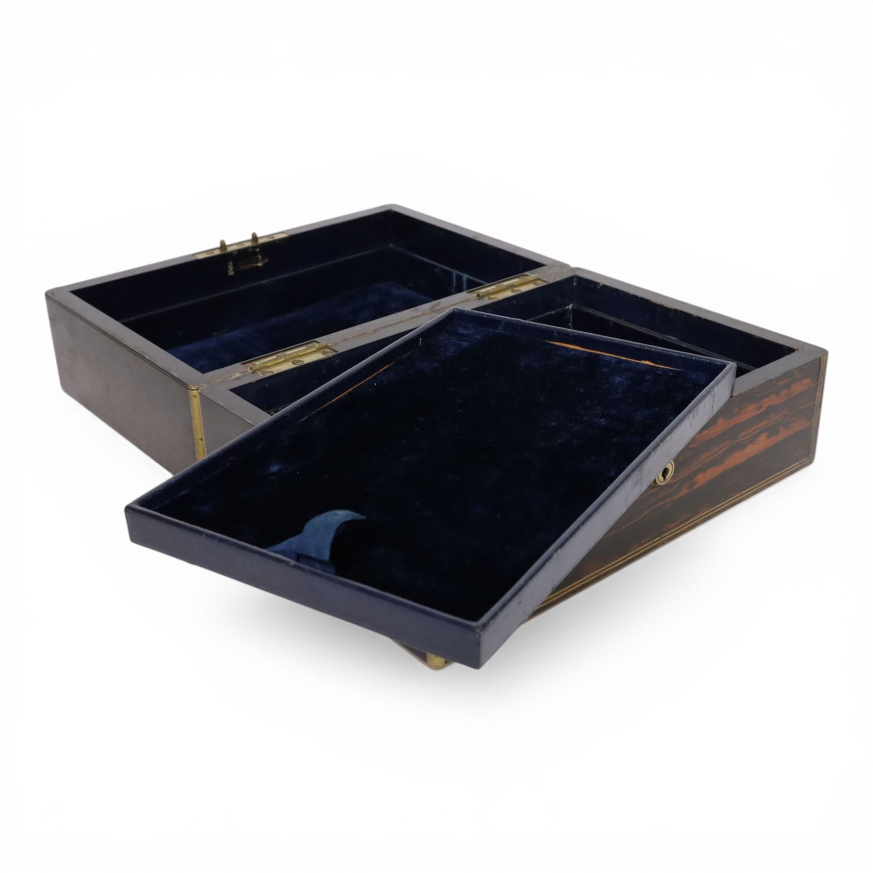 19th century brass mounted coromandel wood box, the hinged lid with inlaid cartouche with initials to the centre, opening to reveal two removable velvet lined trays 