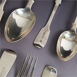 Set of Victorian silver Fiddle pattern cutlery for six place settings, comprising two table spoons, six dessert spoons, six table forks and six dessert forks, all engraved with initial to terminal, table spoons and dessert spoons hallmarked Robert Williams & Sons, Exeter 1848, forks hallmarked Henry Holland, London 1847