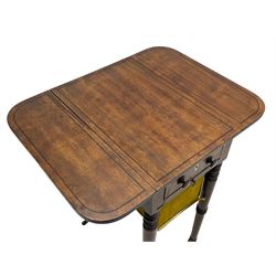 Narrow George III mahogany sewing or work Pembroke table, drop-leaf rectangular top with rounded corners inlaid with ebony stringing, fitted with single full-length cock-beaded drawer and opposing false drawer fascia, turned handles and ivory escutcheons, sliding upholstered storage bag beneath, on ring turned supports with brass cups and castors

This item has been registered for sale under Section 10 of the APHA Ivory Act