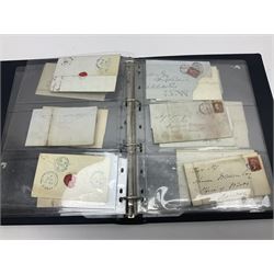 Postal history, including pre-stamp, Queen Victoria imperf penny reds on covers or entires a few with black MX cancels, 1841 two pence blue with white lines added on mourning cover, perf penny red on cover etc, housed in a ring binder folder