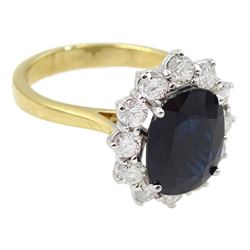 18ct gold sapphire and round brilliant cut diamond cluster ring, hallmarked, sapphire approx 3.85 carat, total diamond weight approx 0.90 carat