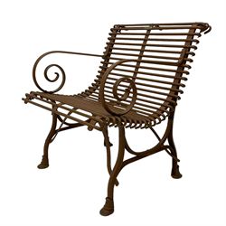 Painted wrought metal 'Arras' chair, curved frame with horizontal rails and scrolled arms, on hoof feet, in russet brown paint finish, with brass plaque 'Usine, S. Sauveur, Arras' 