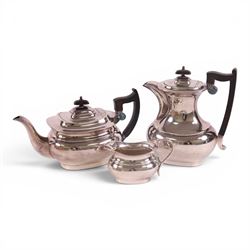 Four piece silver plated tea service, comprising teapot, hot water jug, milk jug and open sucrier, together with serving tray, toasted cheese dish, sugar tongs and pair of candle sticks 