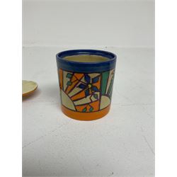 Clarice Cliff Fantasque for Wilkinson Pottery preserve pot, circa 1928, of drum form decorated in Sunray Leaves pattern, H8cm