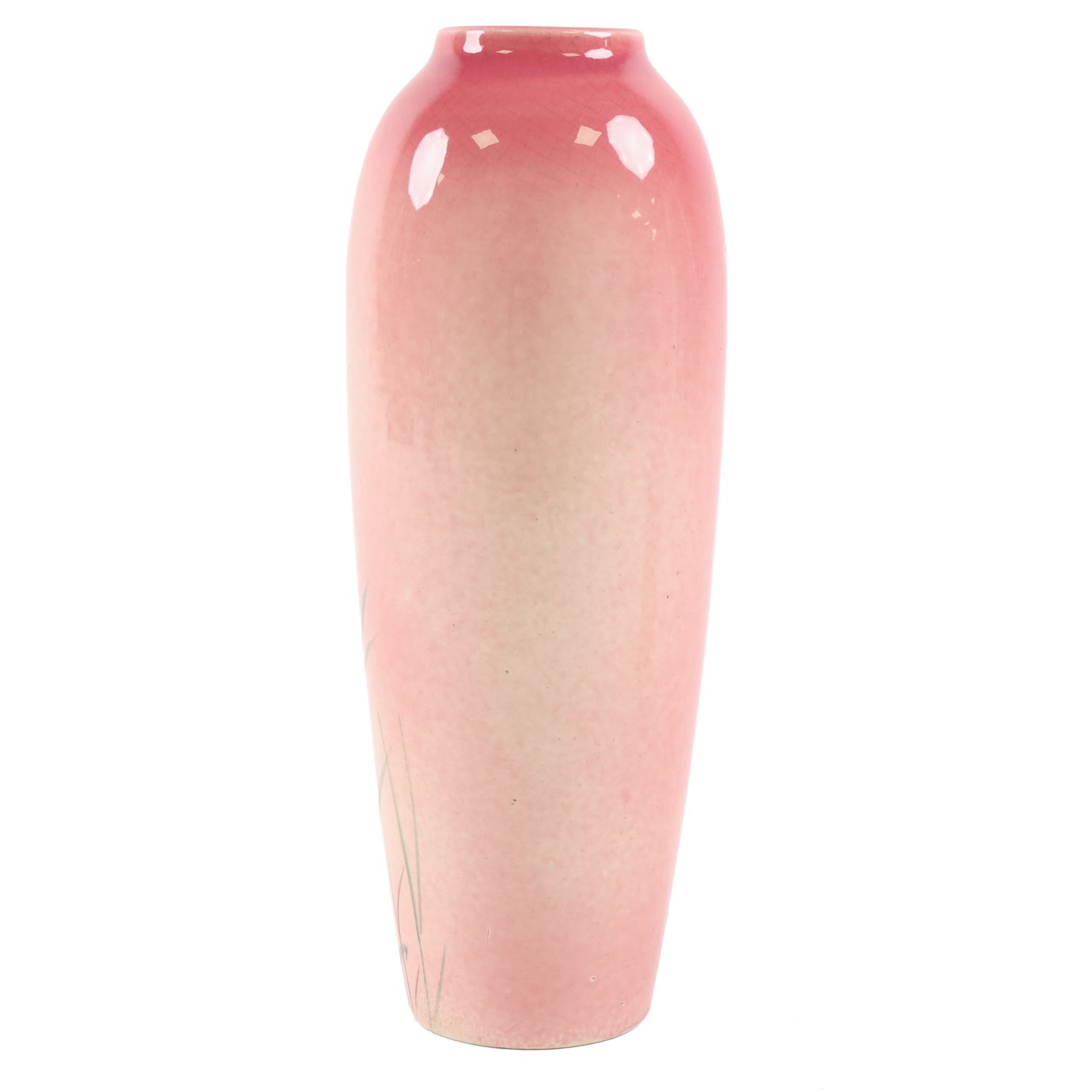 Pair Ault Pottery vases, decorated with swallows in flight upon a pink ground, H22cm