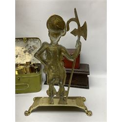 Victorian bronzed wall sconce, ornately decorated with ram's heads fixings, brass Primus paraffin pressure stove in tin box, brass doorstop modelled as a Scottish soldier, brass ashtrays, two wood boxes