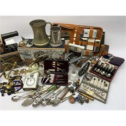A group of assorted collectables, to include various sewing accessories including novelty animal pin cushions, Birmingham hallmarked silver thimble, other thimbles, sewing hooks, leather cased needles, cased tape measures, etui case, etc., plus a silver mounted glass scent bottle, small selection of silver plate to include cased set of coffee bean spoons, two steel and leather cased hip flasks, two models of antique cannons, etc. 