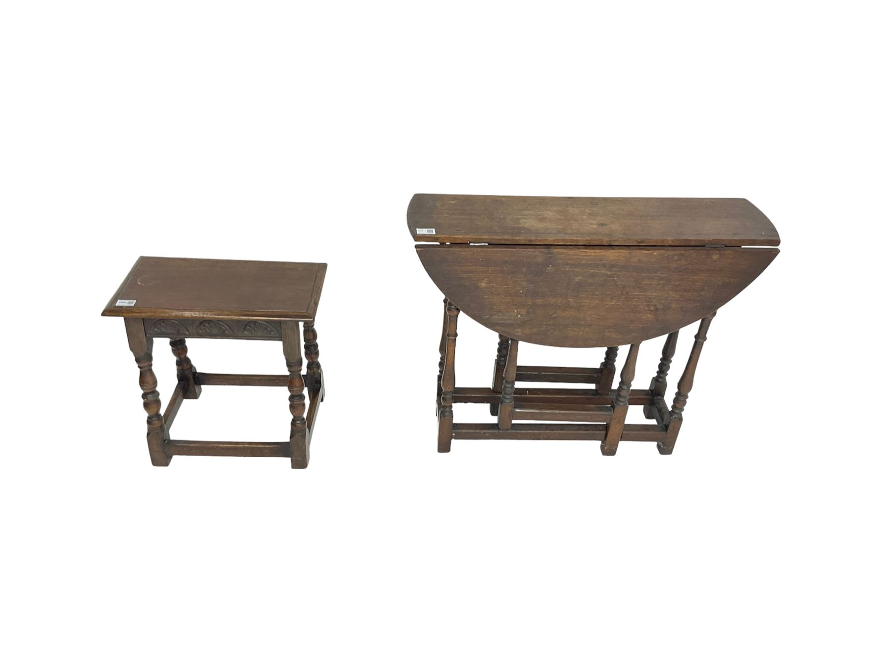 17th century design oak coffin or joint stool, rectangular top over lunette carved frieze rail, raised on turned supports (W46cm D26cn H45cm); and 19th century small oak drop-leaf gateleg table, circular top raised on turned supports (W80cm H67cm)