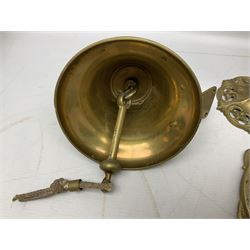 Pair of brass candle sticks, together with brass bell, walking stick handle, mirrors and other brassware 