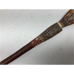 Australian Aboriginal shield, carved with Kangaroo and Emu, 74.5cm; Spear painted with aquatic creatures 78cm, and Spear thrower 81cm (3)