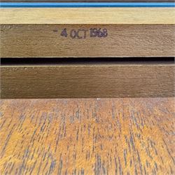 BCM (Bath Cabinet Makers) - mid-20th century teak extending dining table with BCM set of four teak dining chairs with bar back and black vinyl seats