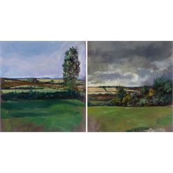 English School (Contemporary): Clouds Gathering over the Fields, pair of oils on board uns...